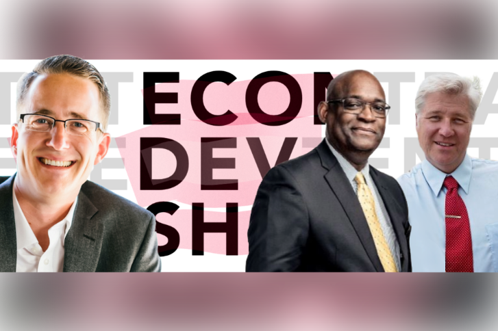 Graphic of three men's upper body's posed in front of text that reads ECON DEV SHOW