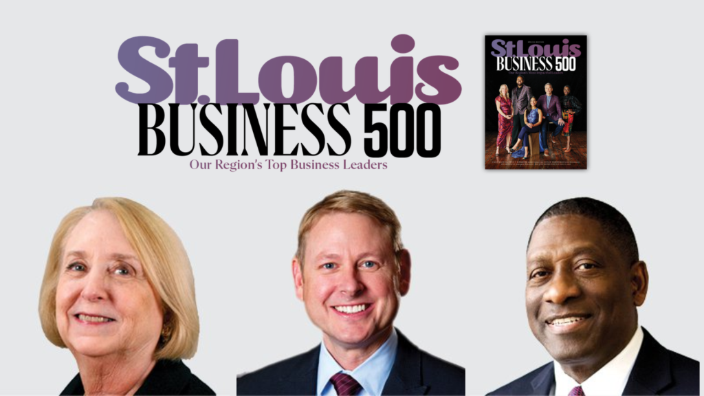 headshots of 3 people under a graphic that says St. louis business 500
