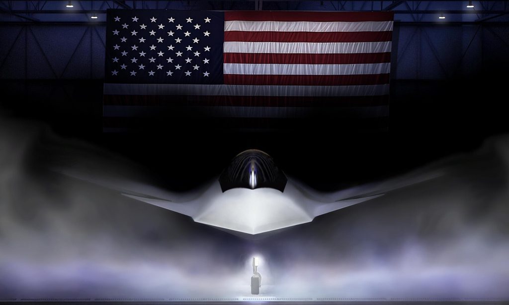 Artist rendition of the F-47 (jet surrounded by smoke with American flag in background, dimly lit)