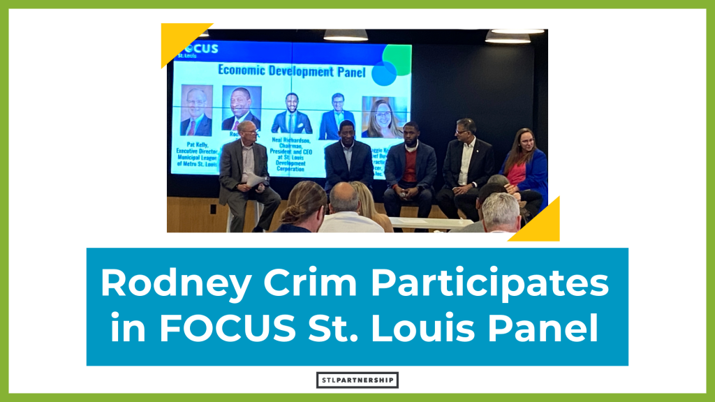 image of a group of people sitting in front of a screen with the words "Rodney Crim participates in Focus St. Louis Panel" in a blue box below