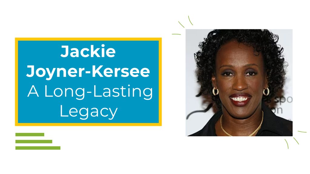 image of a woman smiling with the text "Jackie Joyner-Kersee A Long Lasting Legacy"