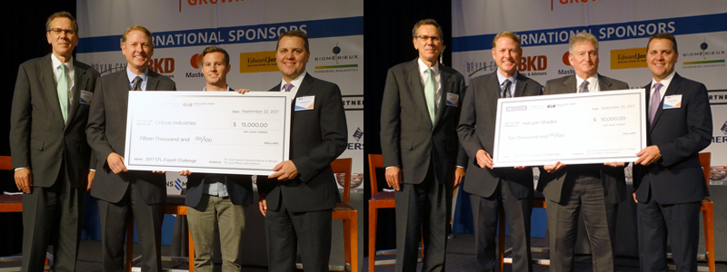 Two photos of people holding giant checks