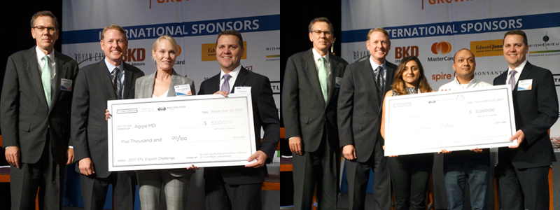 Two photos of people holding giant checks