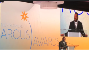 STL Partnership CEO and President Rodney Crim presents an Arcus award at the St. Louis Regional Chamber's 2020 Arcus Awards.