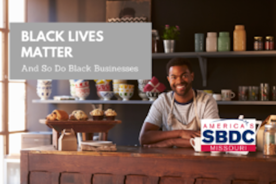 Image of a man working a bakery that says Black Lives Matter and SO do black businesses, SBDC logo