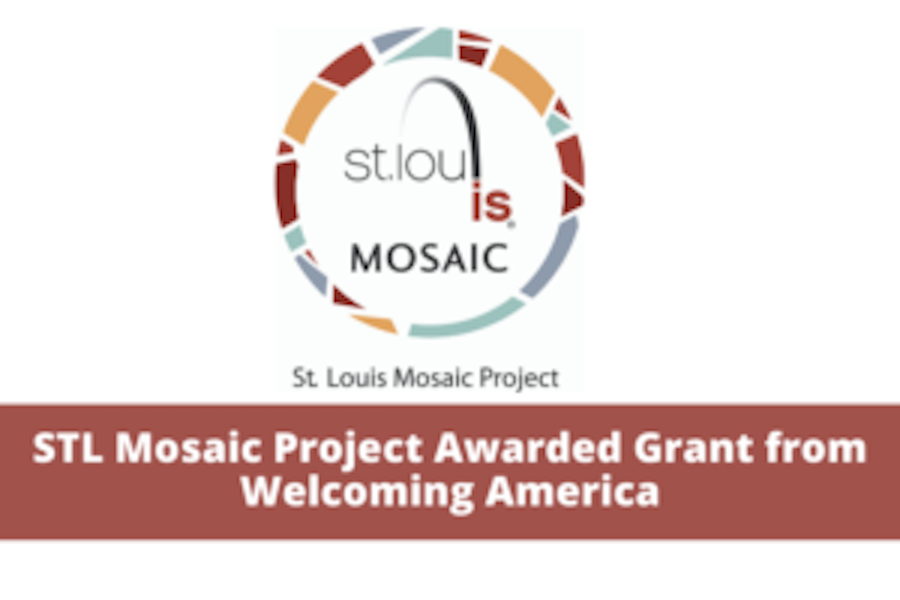 STL mosaic project logo that says STL Mosaic project awarded grant from welcoming america