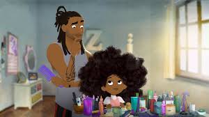 man looks at daughters hair (animated)