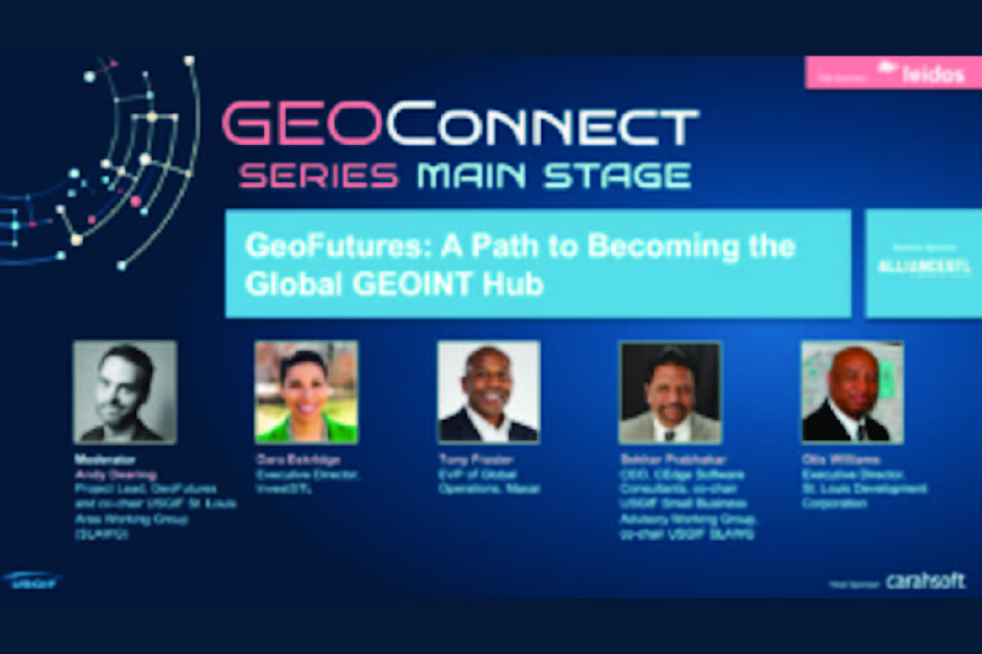 GeoConnect graphic with 4 headshots of speakers