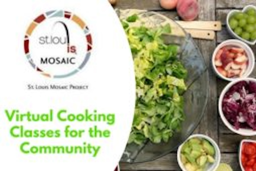 STL Mosaic logo Virtual Cooking classes for the community and image of food