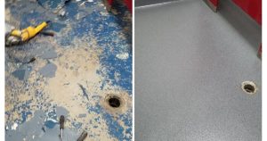 Before and after pic of bathroom flooring cleaned and repaired by Clean-Tek Flooring Systems, Inc.