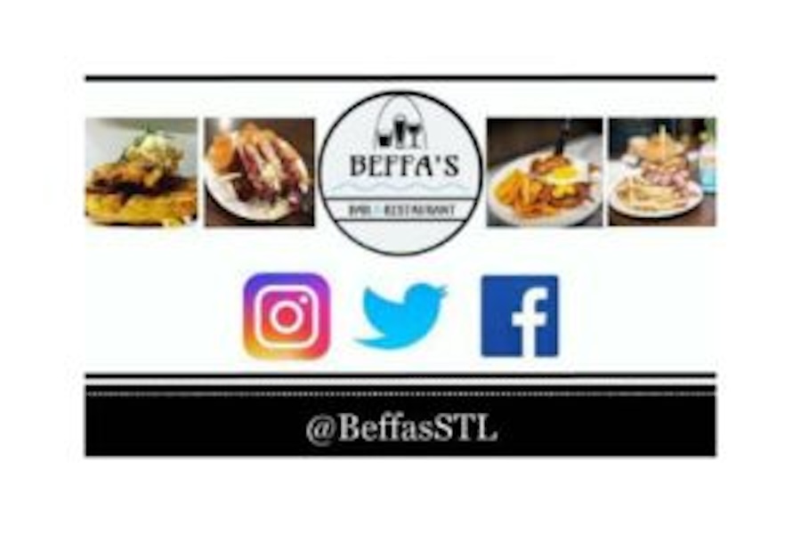 Beffa's logo with images of food and the Instagram, Twitter and Facebook. icons, @BeffasSTL