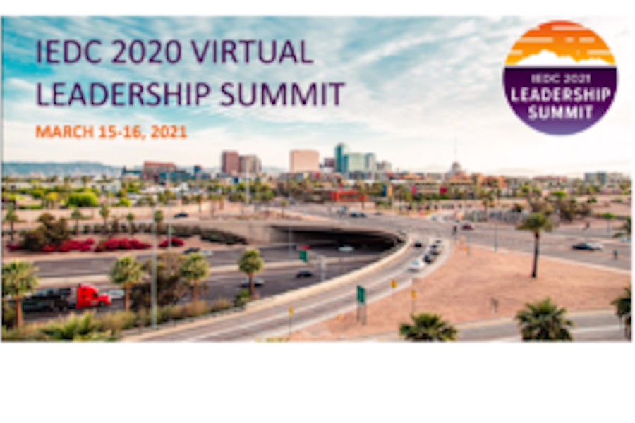 Image of a desert city that says IDEC 2020 Virtual Leadership Summit