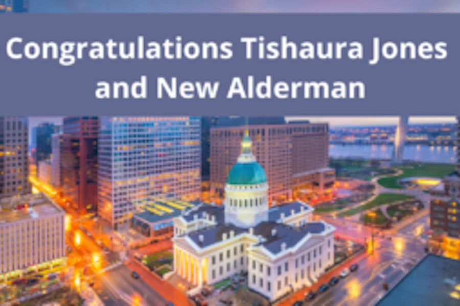 STL Skyline that reads congratulations Tishaura Jones and New Alderman