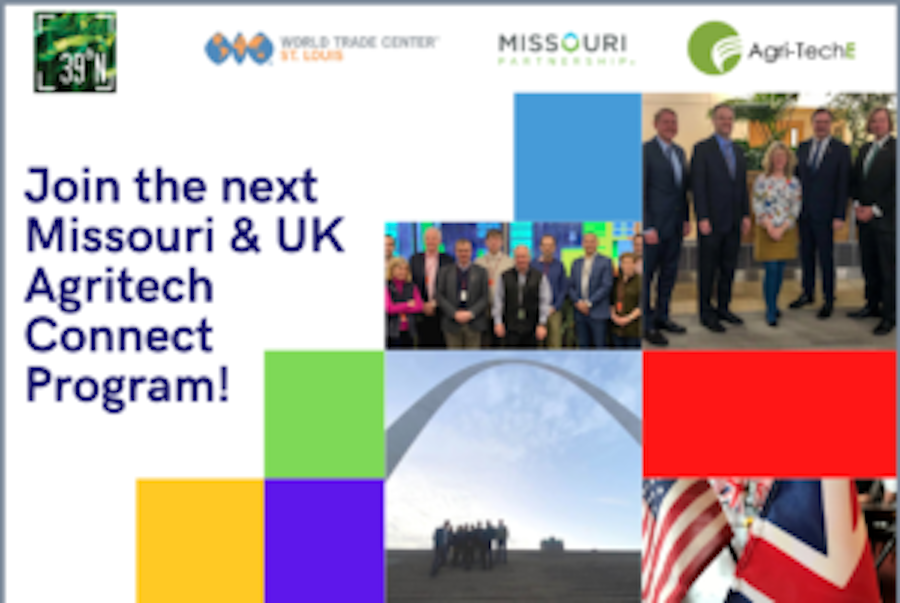 Graphic that says join the next missouri and UK Agritech Connect Program! With photos from STL