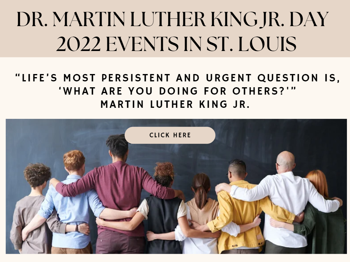 Graphic of people hugging that says Dr. Martin Luther King Day 2022 Events in St. Louis