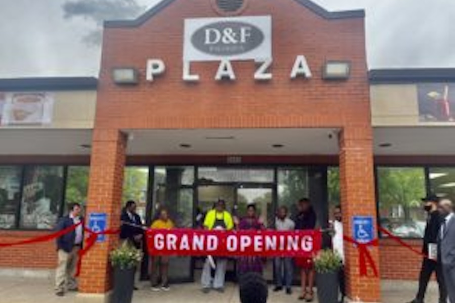 Image of a grand opening happening in the D&F plaza