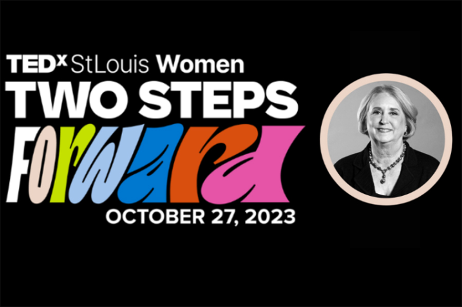 Graphic of Betsy. Text reads, "TEDx St. Louis Woman Two Steps Forward. October 27, 2023."
