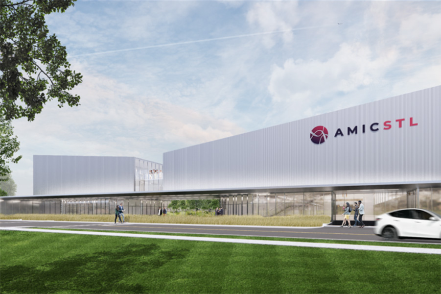 Rendering of a building with the AMICSTL logo on it.