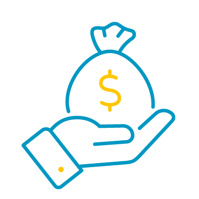Yellow and blue icon of a hand holding a money bag.