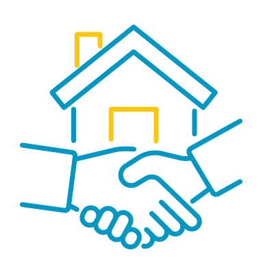 Yellow and blue icon of hands shaking in front of a house.
