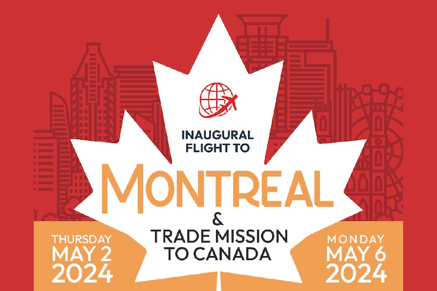 Graphic of a maple leaf with a drawn city behind it. Text reads, "Inaugural flight to Montreal and Trade Mission to Canada. Thursday May 2, 2024, Monday May 6, 2024."