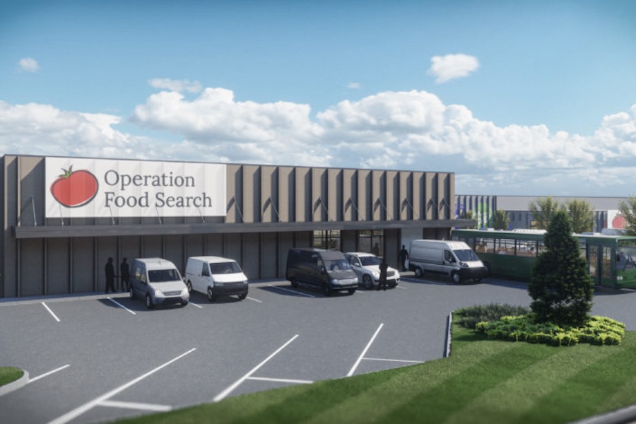 Rendering of a building. Sign on the building reads, "Operation Food Search."