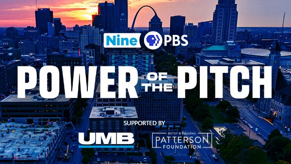 Sunset view of St. Louis City in a blue hue. The words on top read, "Power of the Pitch. Supported by UMB and Betsy and Thomas Patterson Foundation."
