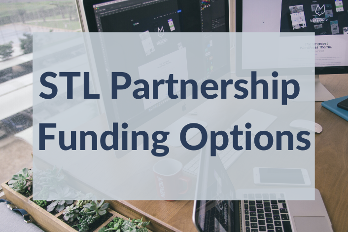 Graphic of multiple computer screens in an office. Text on top reads, "STL Partnership Funding Options."