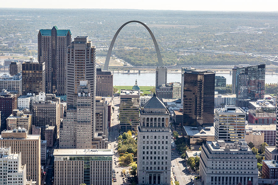 Overview of St. Louis city with the arch