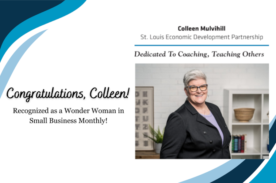 Photo of Colleen Mulvihill with the text that reads, "Congratulations, Colleen! Recognized as Wonder Woman in Small Business Monthly!"