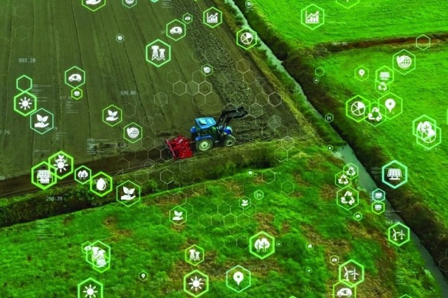 Image of a tractor on fields with graphics of agriculture around the image