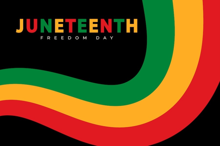A graphic that has red, green and yellow colors that reads Juneteenth Freedom Day