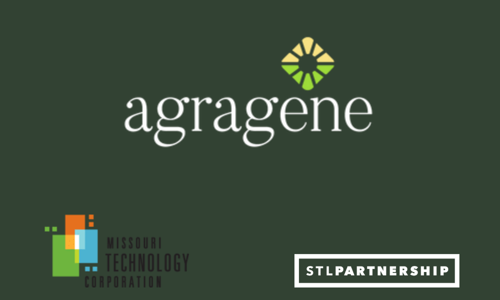 Logos of agragene, MTC, and STL Partnership on a dark green background