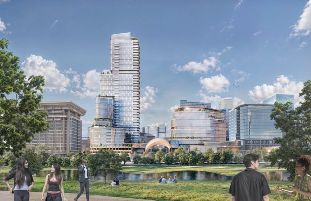 rendering of proposed building. a cityscape in the background with trees and people walking in the foreground