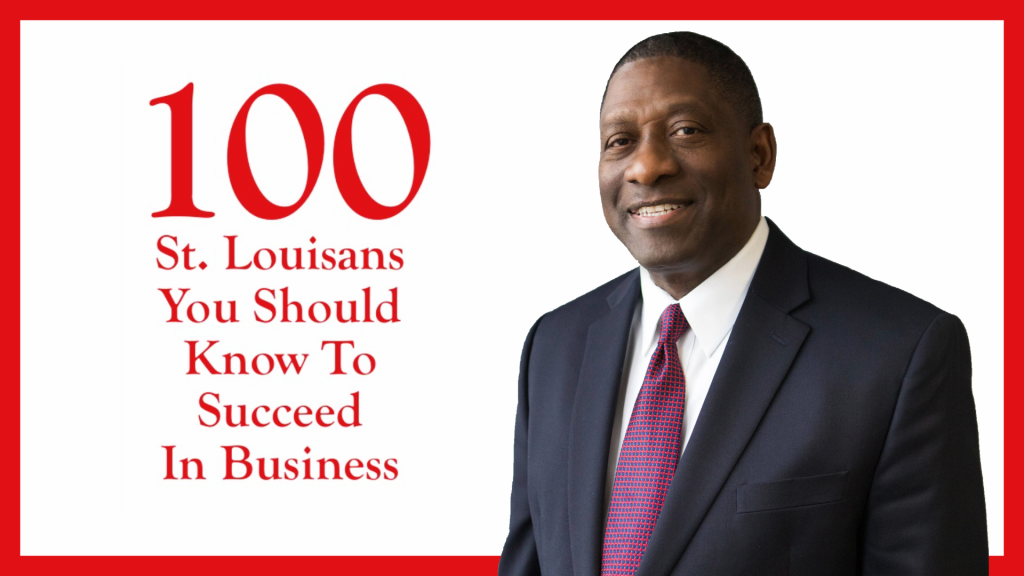 cutout of a man in a suit. red words say 100 st. louisians you should know to suceed in business