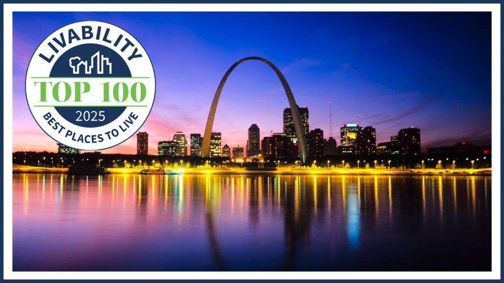 image of st. louis at night with a large logo over the left corner that says Top 100