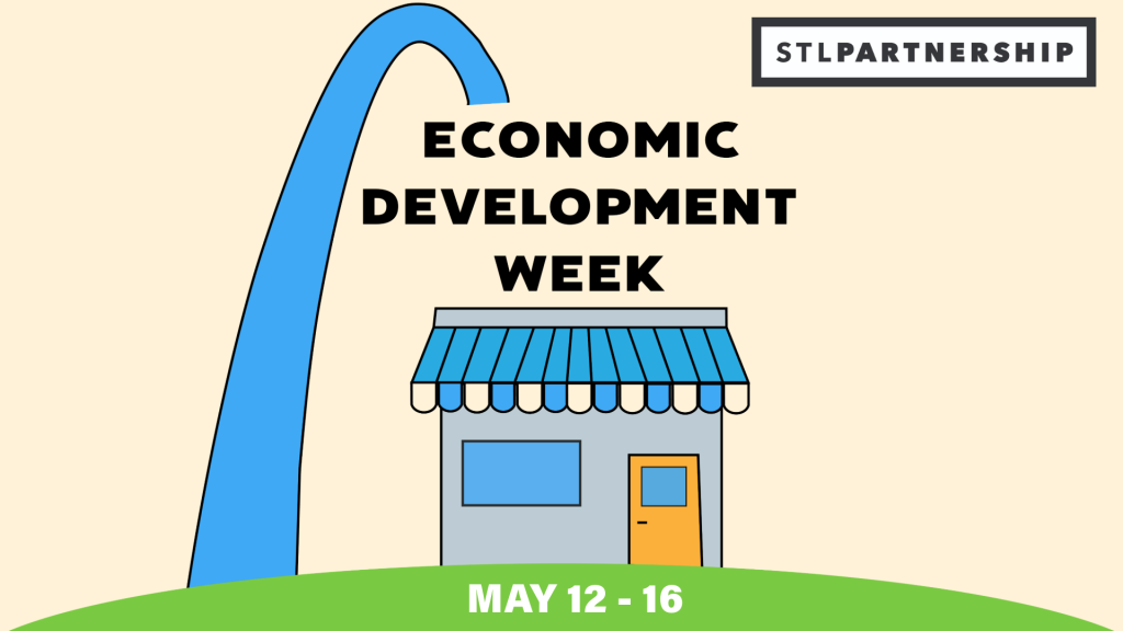 graphic of a small business under a blue arch with the words Economic Development week May 12 - 16