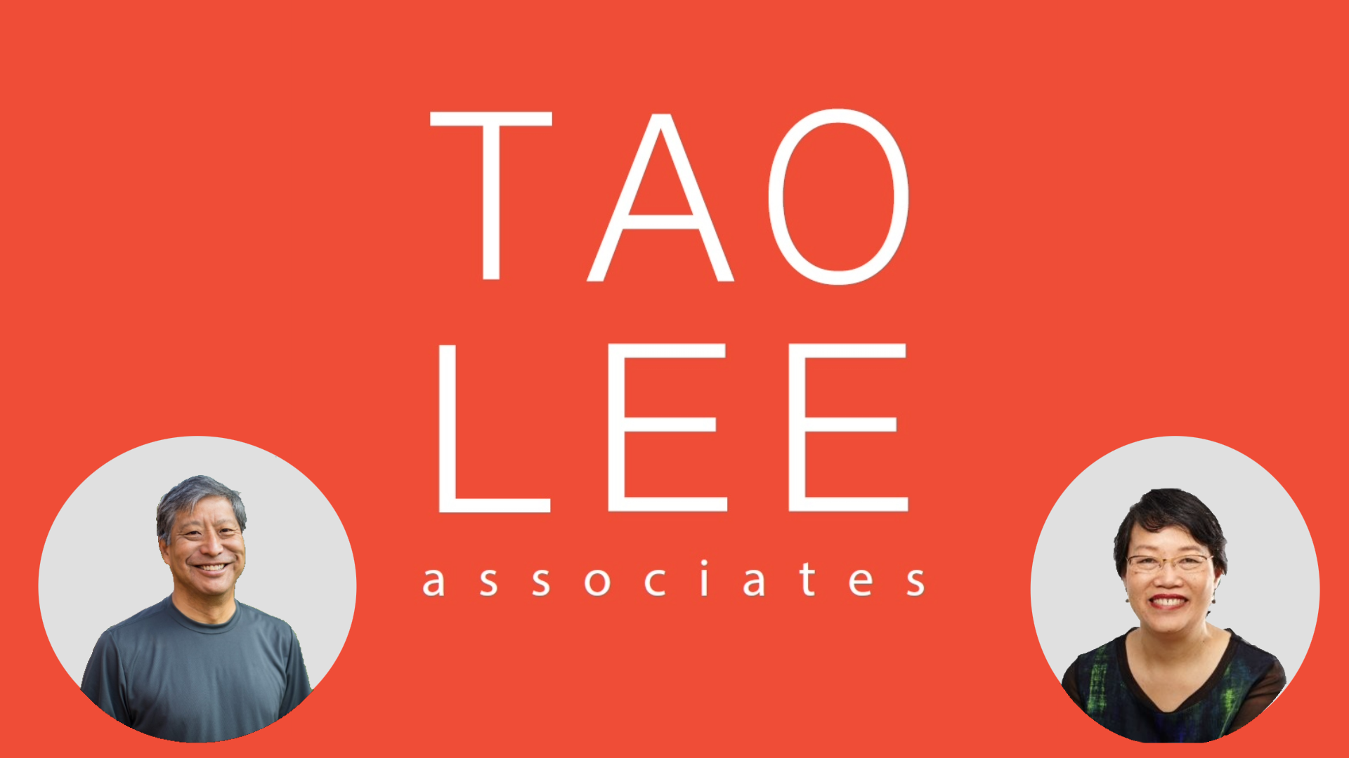 orange background with the words "Tao Lee Associates" in white and 2 people's headshots in grey circles