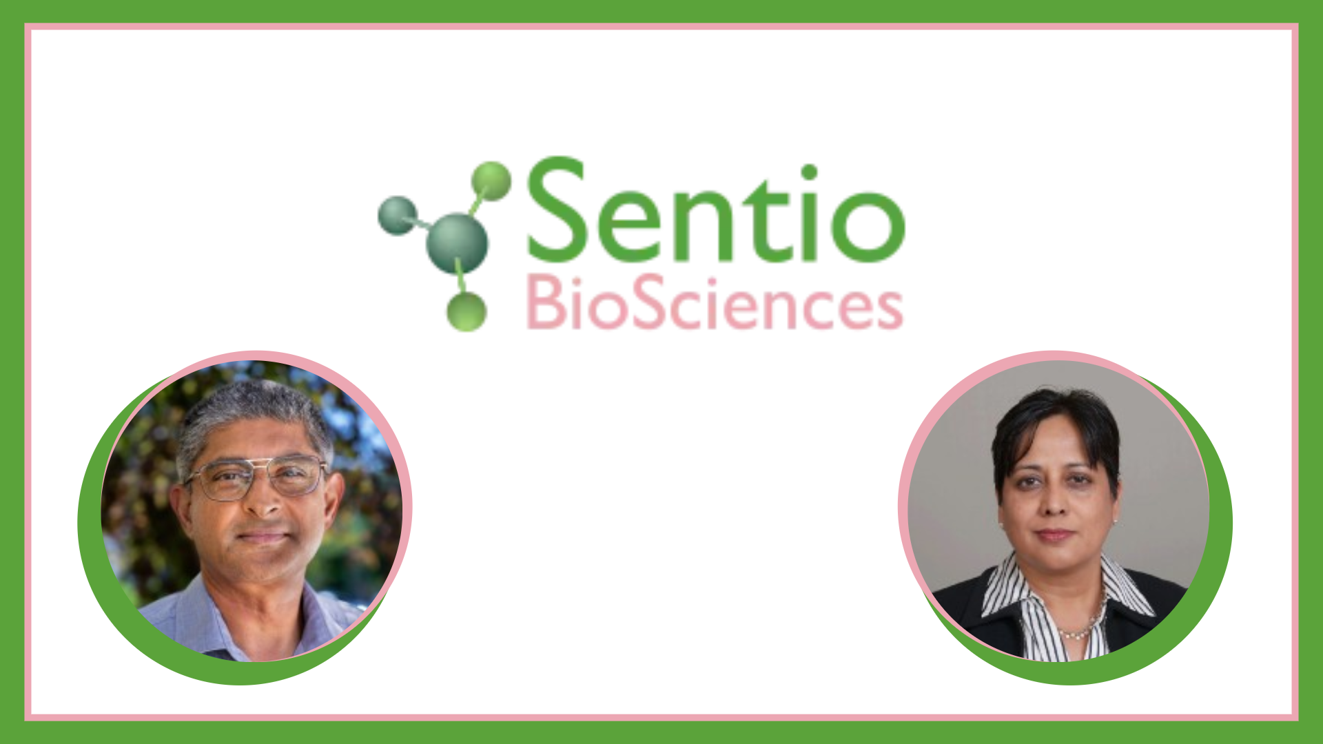 image of two people in cropped circles with the sentio biosciences logo in green