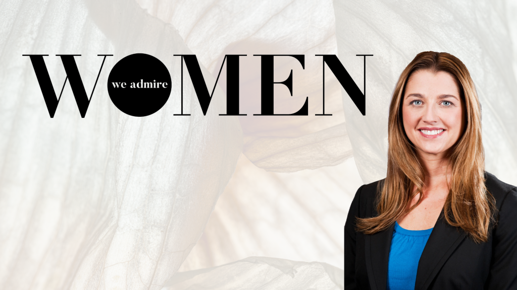 Woman on a graphic with the women we admire logo in black next to her