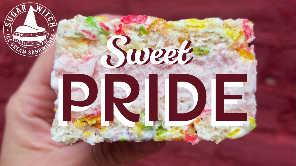 graphic of ice cream sandwich with Sugarwitch's logo and the words Sweet Pride