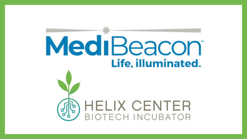 green outlined rectangle with MediBeacon and Helix Center Logos