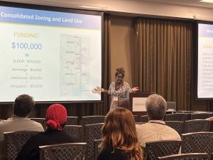 a woman presents a powerpoint