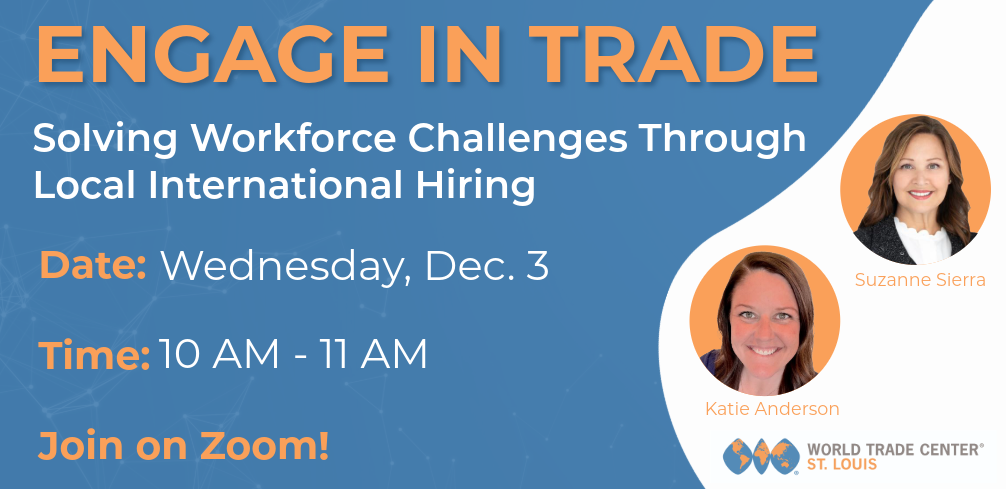 Engage in Trade graphic with two women's headshots on right and date and time information on left