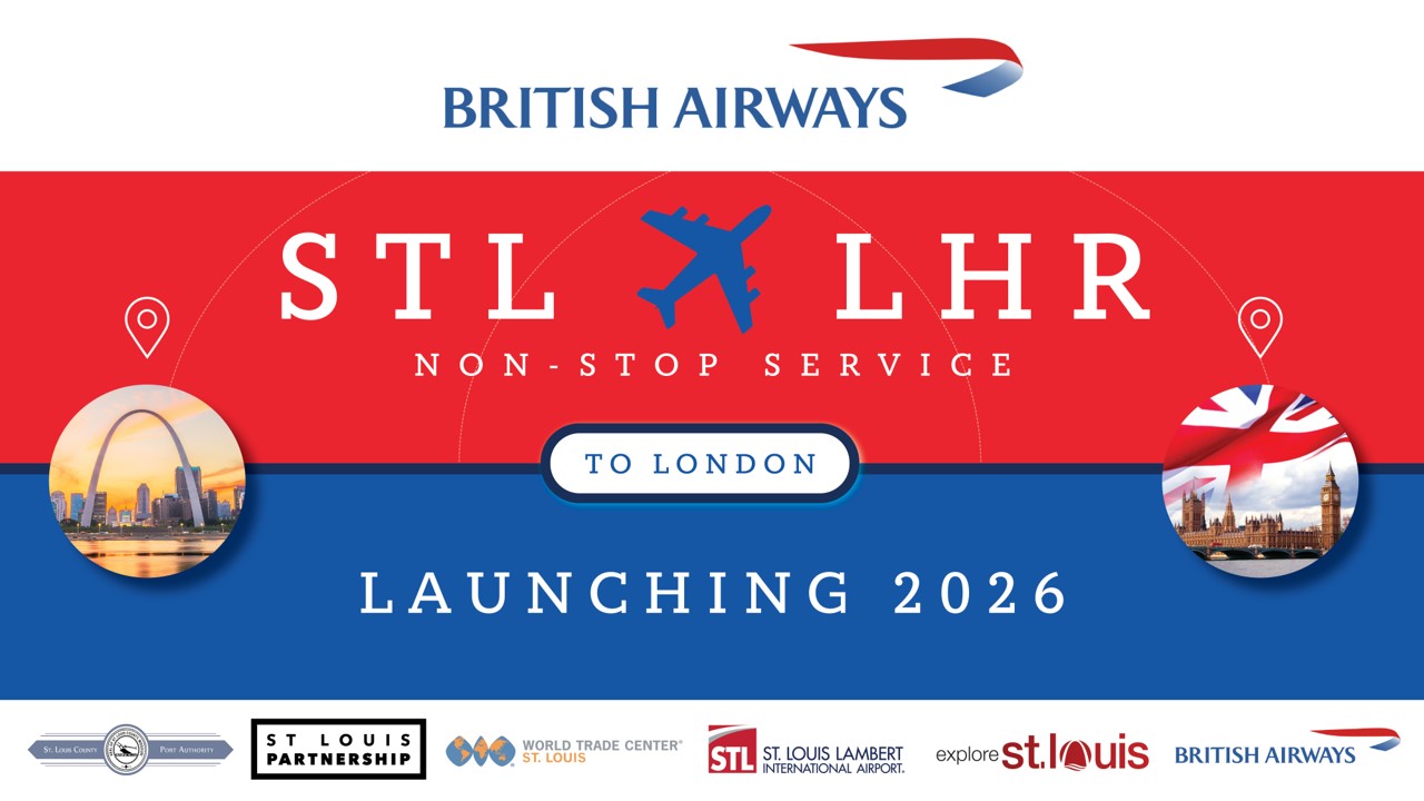 Red White and Blue Graphic with British Airways logo at top and STL and London pics on side with the words STL - LHR Launching 2026