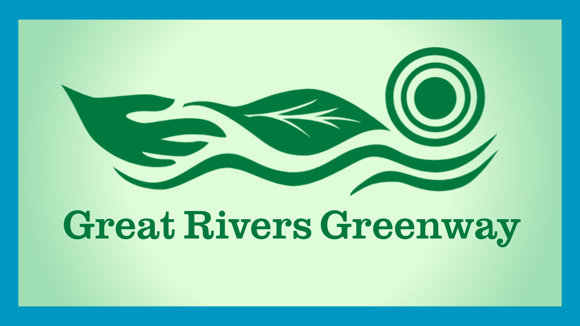 Great Rivers Greenway logo on green ombre background with blue frame