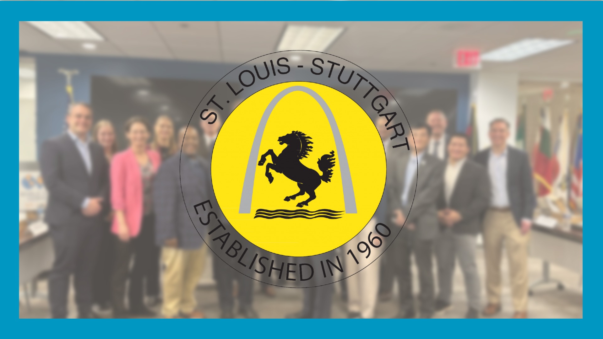 stuttgart stl sister cities logo over image of people standing in line with blue rectangle surrounding image