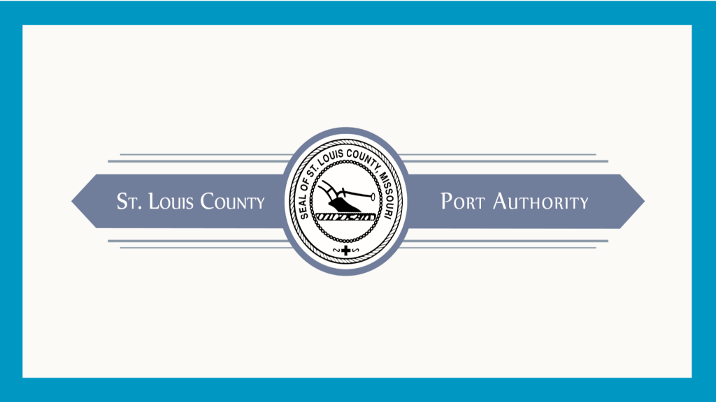 blue rectangle surrounding a white background with the St. Louis county port authority logo in the middle