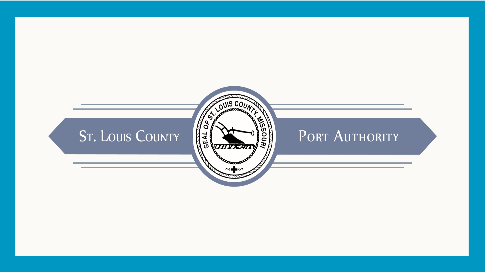 blue rectangle surrounding a white background with the St. Louis county port authority logo in the middle
