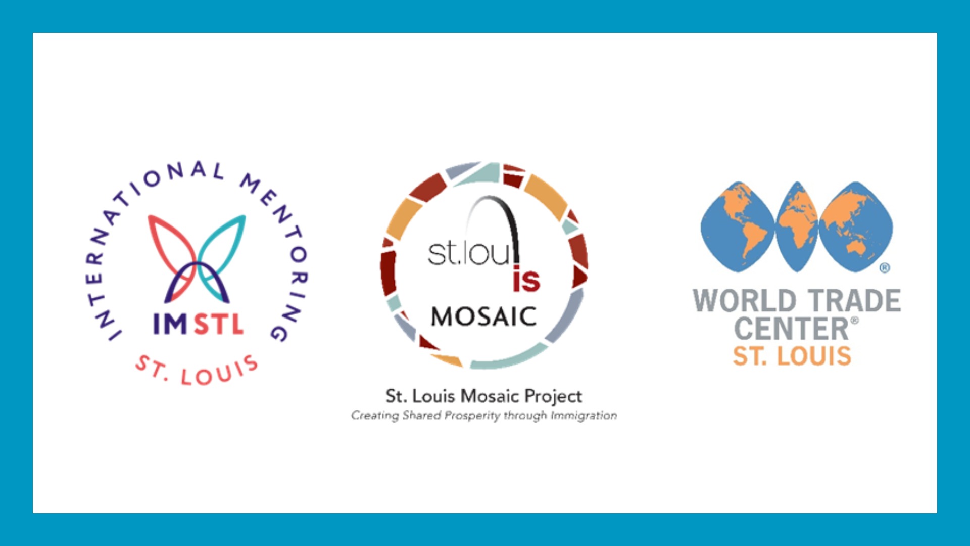 IMSTL logo, STL Mosaic Project Logo, and WTC Logo in a line inside a blue rectangle